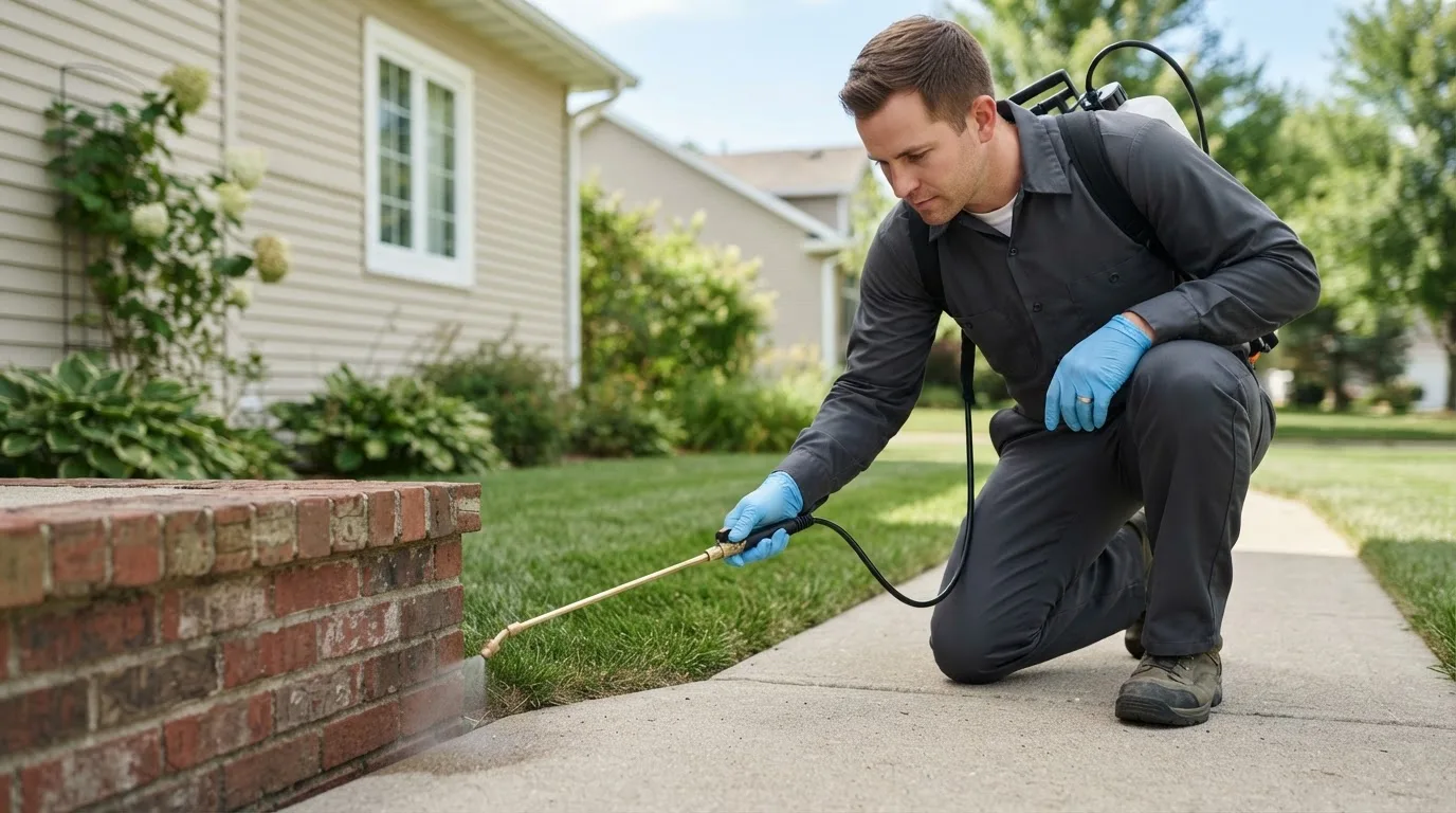 Pest control technician treating a home near Detroit, TX